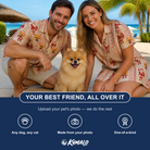 Friends in matching Women's Jolly Jingle Custom Dog Face Hawaiian Shirt — a group gift photo