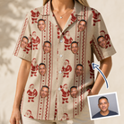 Woman wearing Women's Jolly Jingle Custom Face Hawaiian Shirt — custom faces printed all-over