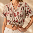 Woman wearing Women's Jolly Jingle Custom Face Hawaiian Shirt tied at the waist