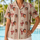 Model wearing Women's Jolly Jingle Custom Face Hawaiian Shirt printed with kids' faces