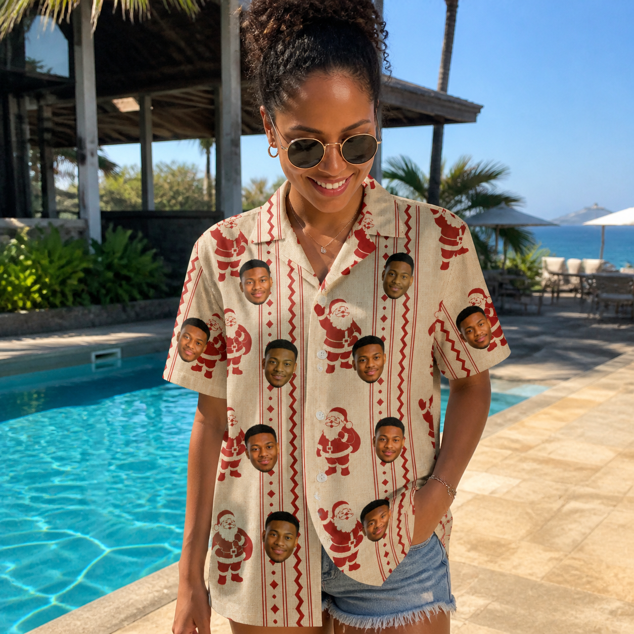 Real-life photo of someone wearing Women's Jolly Jingle Custom Face Hawaiian Shirt — custom faces printed all-over
