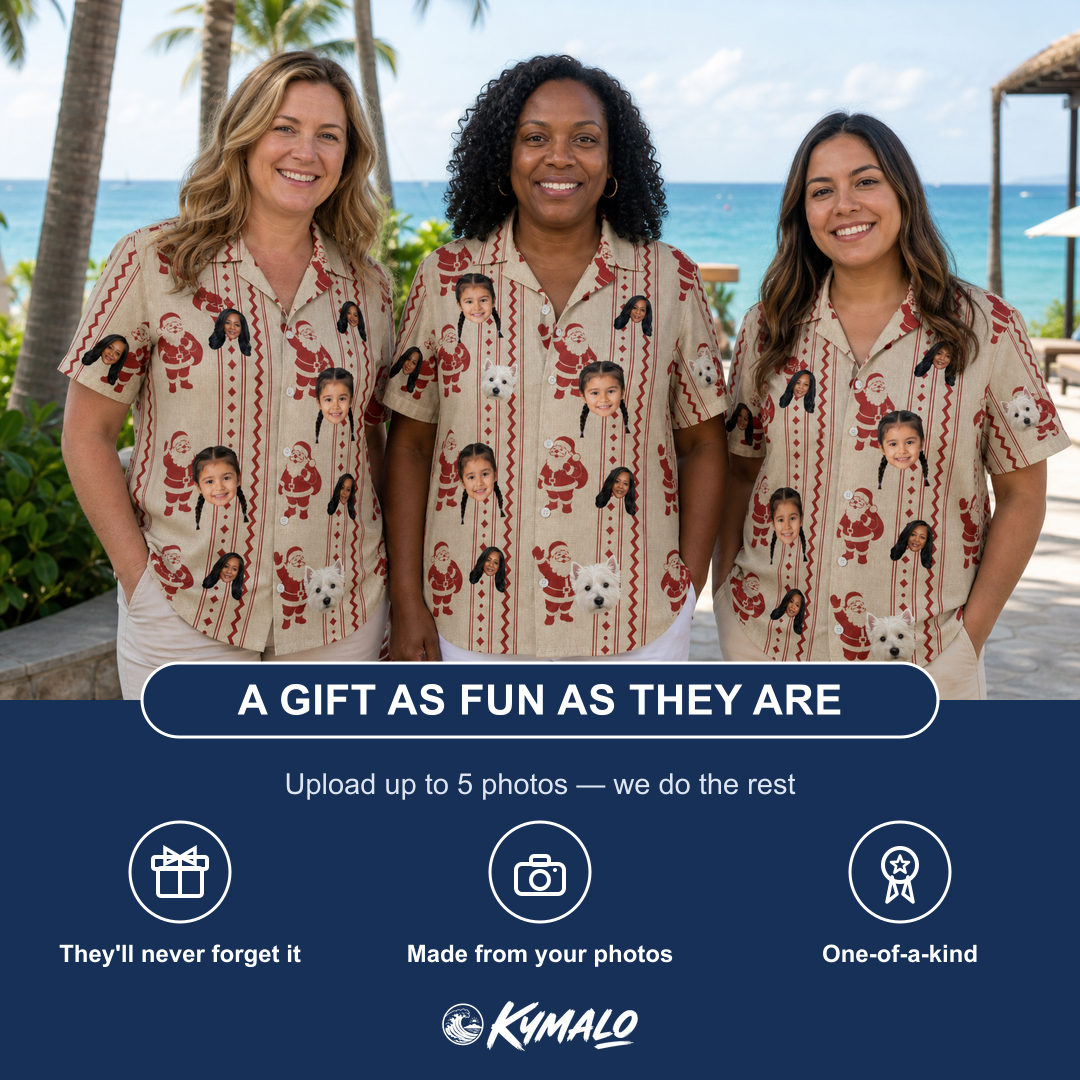 Friends in matching Women's Jolly Jingle Custom Face Hawaiian Shirt — a group gift photo
