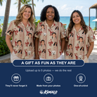 Friends in matching Women's Jolly Jingle Custom Face Hawaiian Shirt — a group gift photo