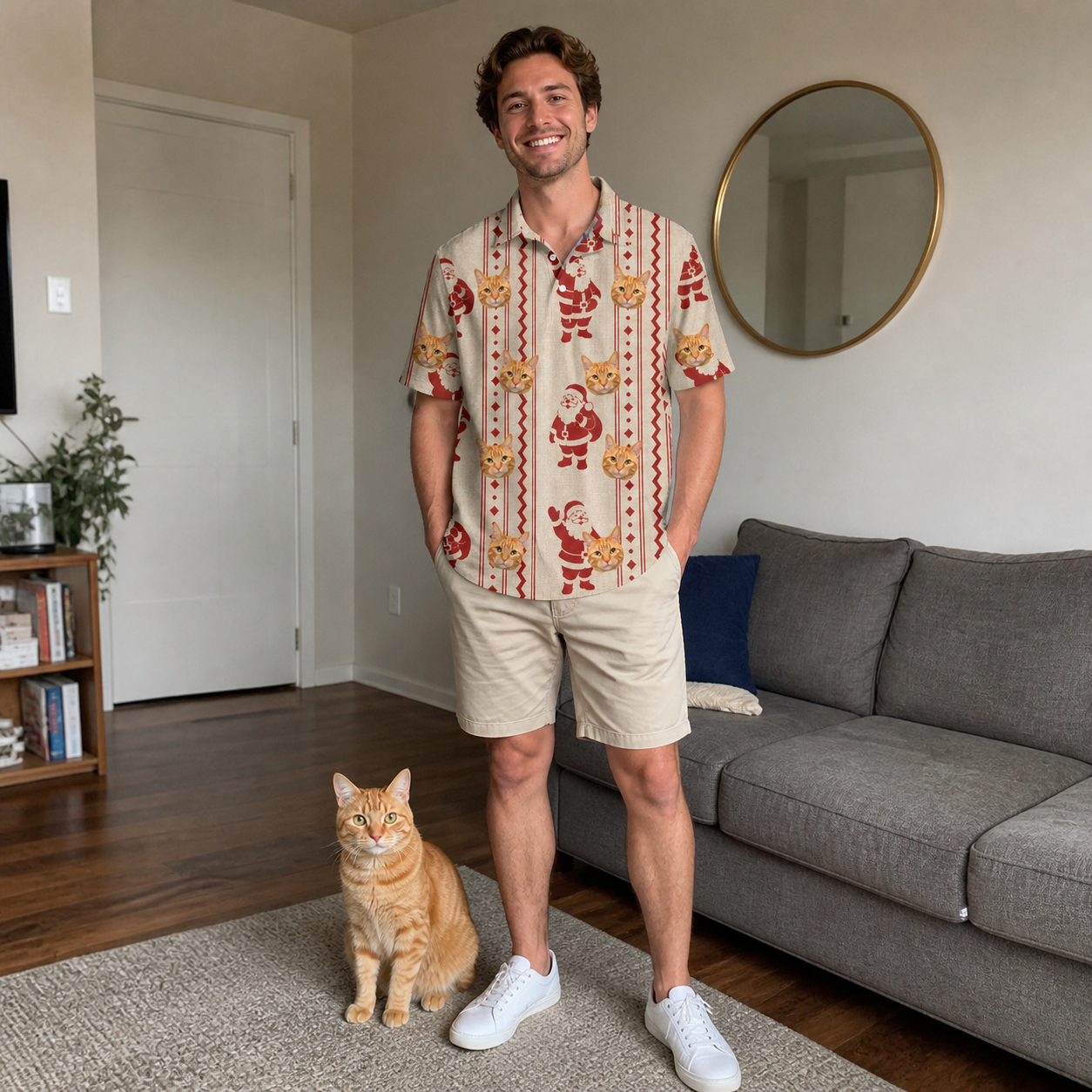 Full-length photo with the pet printed all over this Men's Jolly Jingle Custom Cat Face Polo Shirt