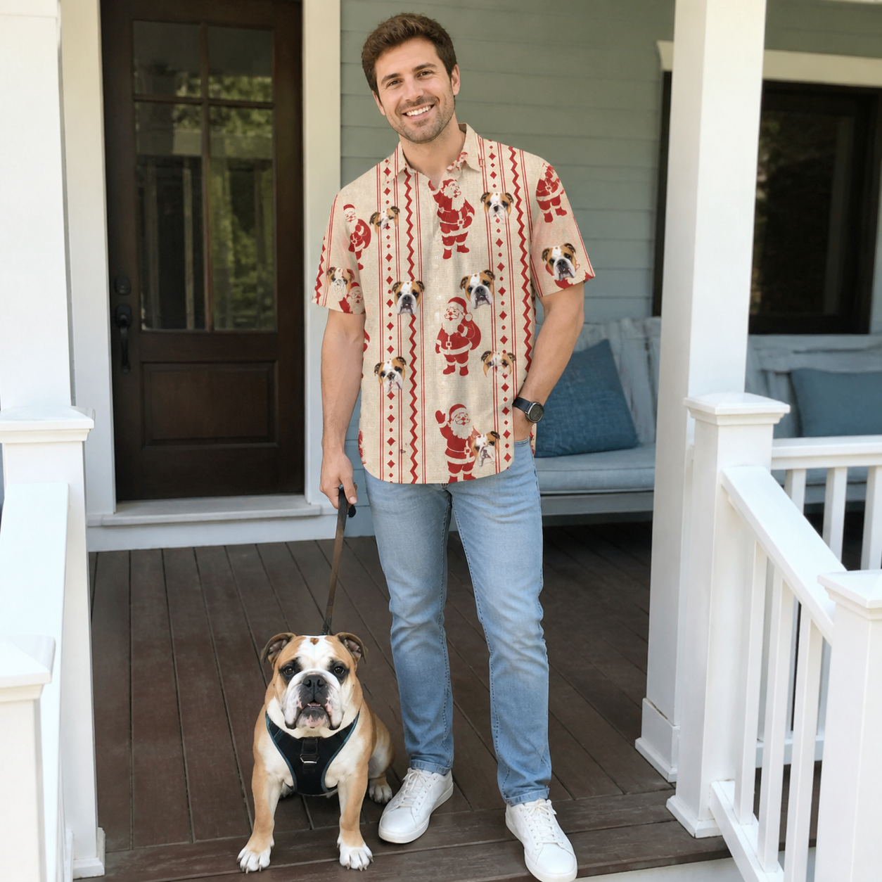 Full-length photo with the pet printed all over this Men's Jolly Jingle Custom Dog Face Polo Shirt