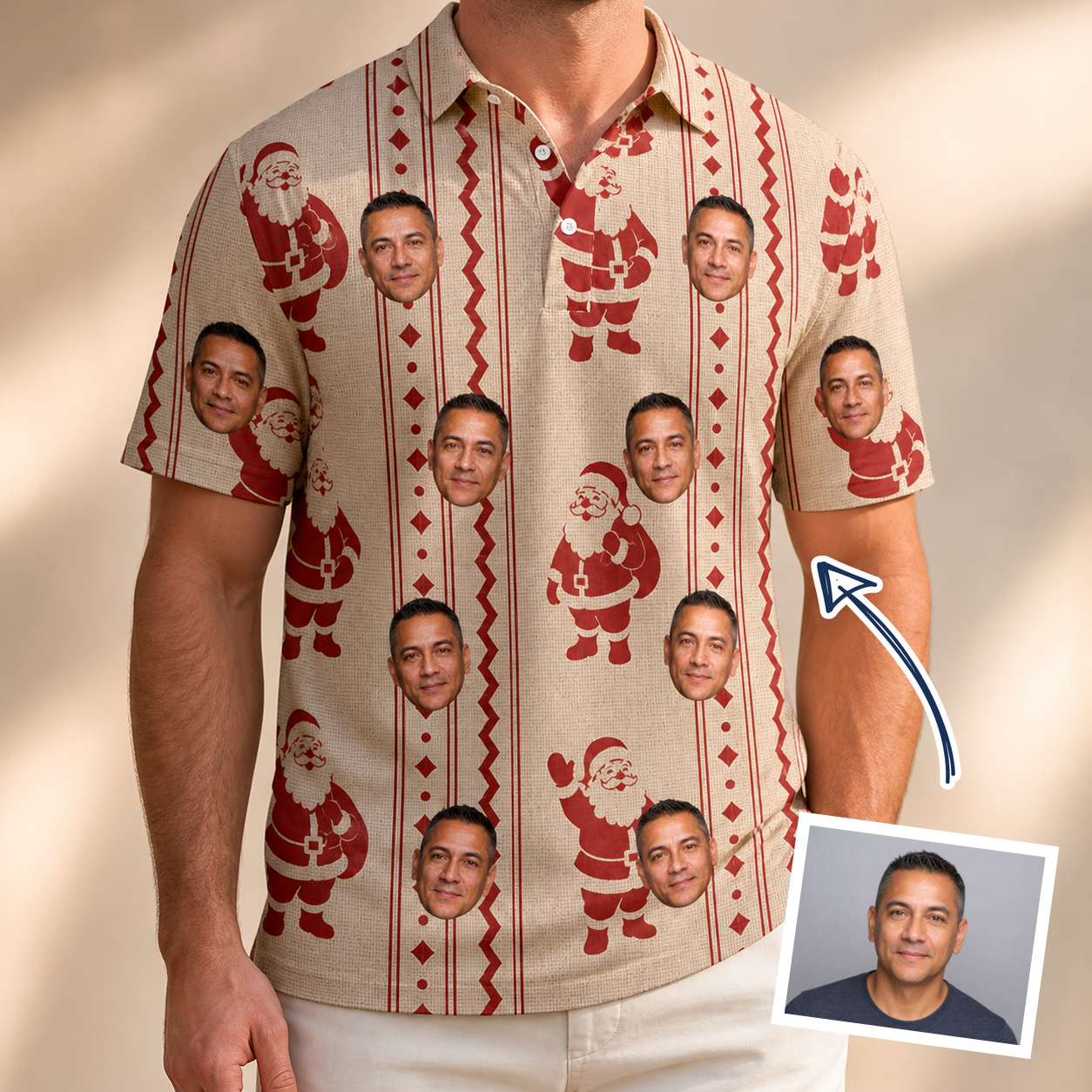Man wearing Men's Jolly Jingle Custom Face Polo Shirt — custom faces printed all-over