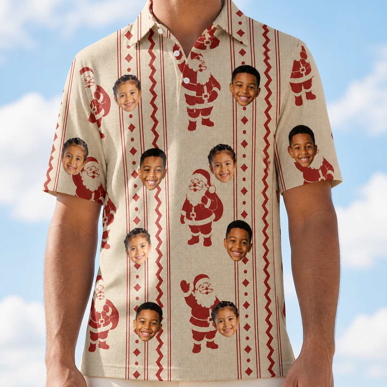 Model wearing Men's Jolly Jingle Custom Face Polo Shirt printed with kids' faces