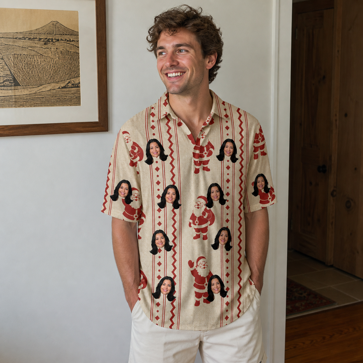 Real-life photo of someone wearing Men's Jolly Jingle Custom Face Polo Shirt — custom faces printed all-over