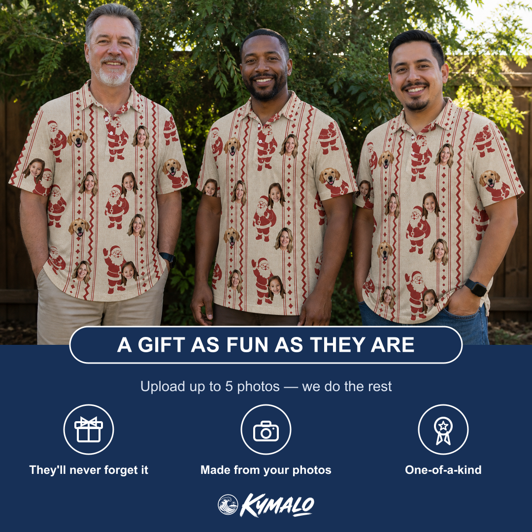 Friends in matching Men's Jolly Jingle Custom Face Polo Shirt — a group gift photo