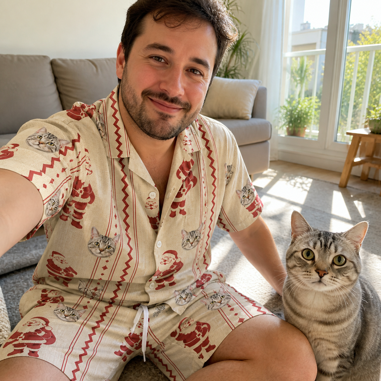 Selfie with the pet whose face is printed all over this Men's Jolly Jingle Custom Cat Face Shirt & Shorts Set