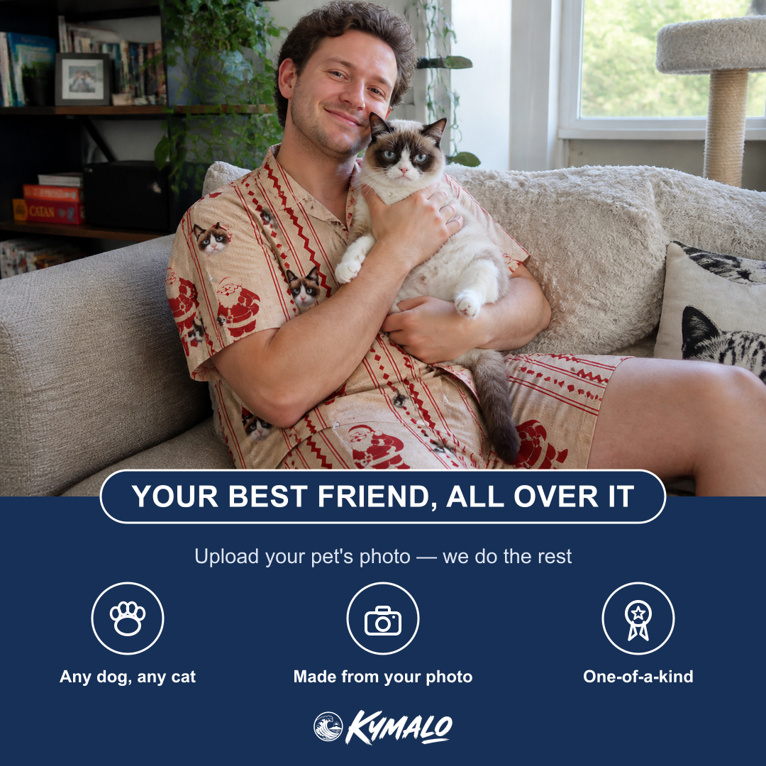 Friends in matching Men's Jolly Jingle Custom Cat Face Shirt & Shorts Set — a group gift photo