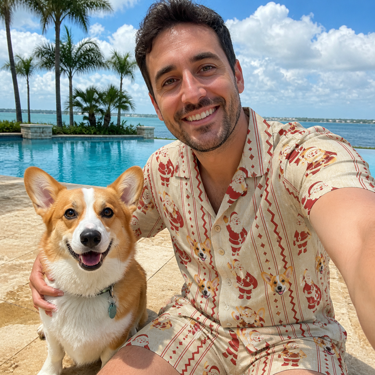 Selfie with the pet whose face is printed all over this Men's Jolly Jingle Custom Dog Face Shirt & Shorts Set