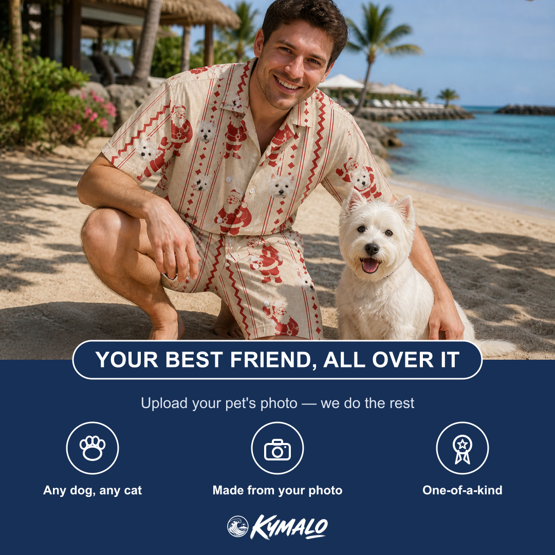 Friends in matching Men's Jolly Jingle Custom Dog Face Shirt & Shorts Set — a group gift photo