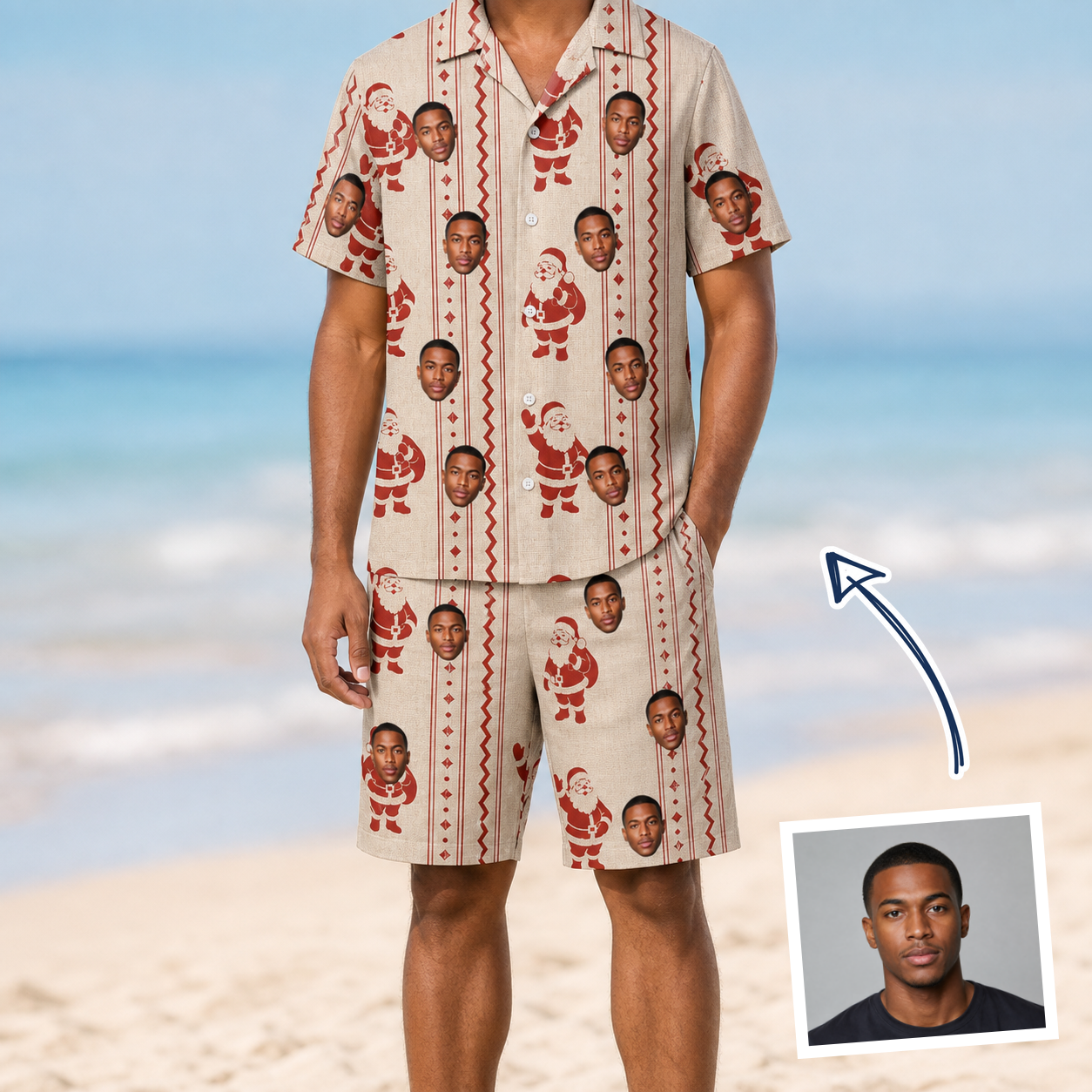 Man wearing Men's Jolly Jingle Custom Face Shirt & Shorts Set — custom faces printed all-over