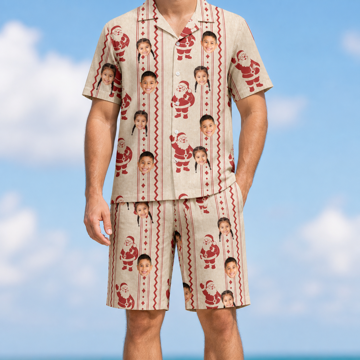 Model wearing Men's Jolly Jingle Custom Face Shirt & Shorts Set printed with kids' faces