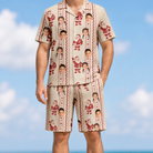 Model wearing Men's Jolly Jingle Custom Face Shirt & Shorts Set printed with kids' faces