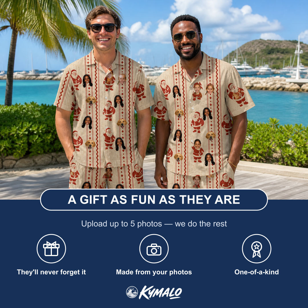 Friends in matching Men's Jolly Jingle Custom Face Shirt & Shorts Set — a group gift photo