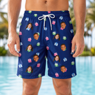 Model wearing Men's Boxed Bliss Custom Face Beach Shorts printed with kids' faces