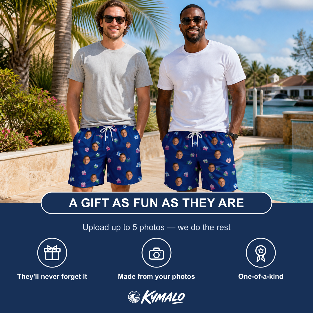 Friends in matching Men's Boxed Bliss Custom Face Beach Shorts — a group gift photo