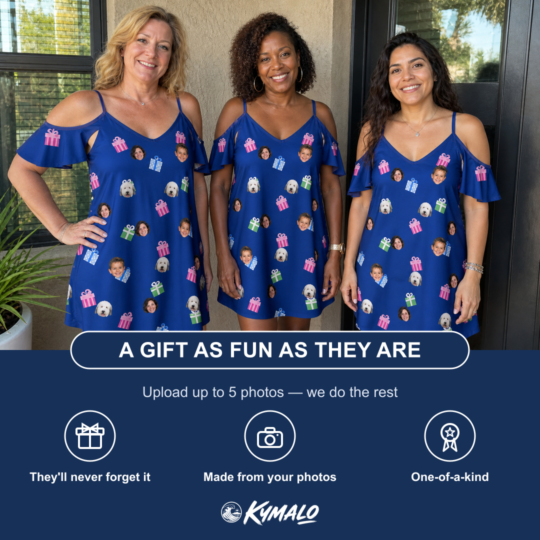 Friends in matching Women's Boxed Bliss Custom Face Off-Shoulder Dress — a group gift photo