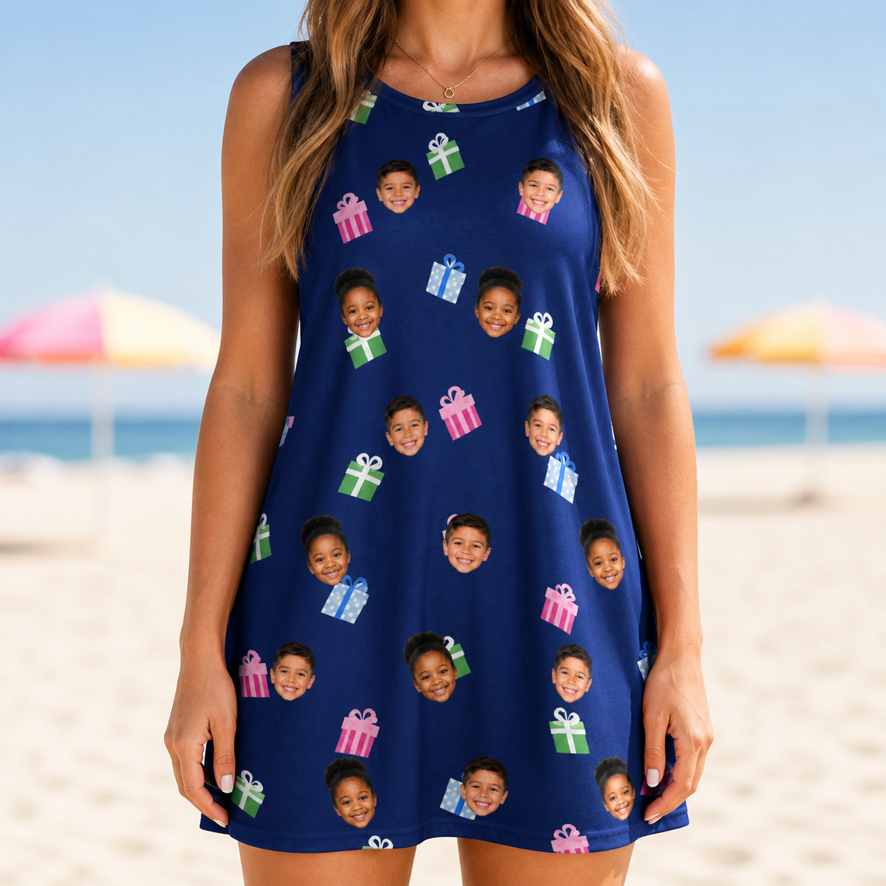 Model wearing Women's Boxed Bliss Custom Face Tank Dress printed with kids' faces