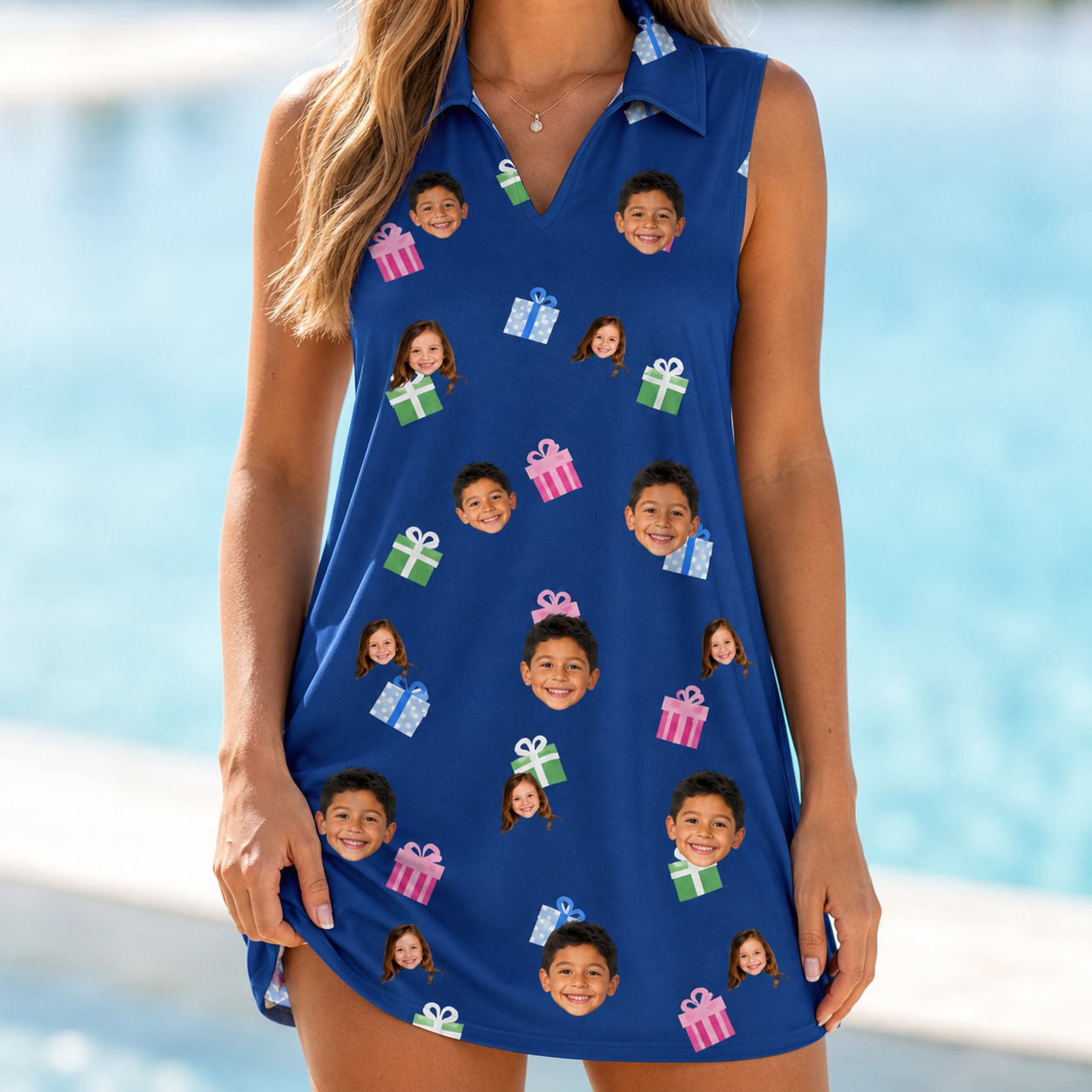 Model wearing Women's Boxed Bliss Custom Face V-Neck Dress printed with kids' faces