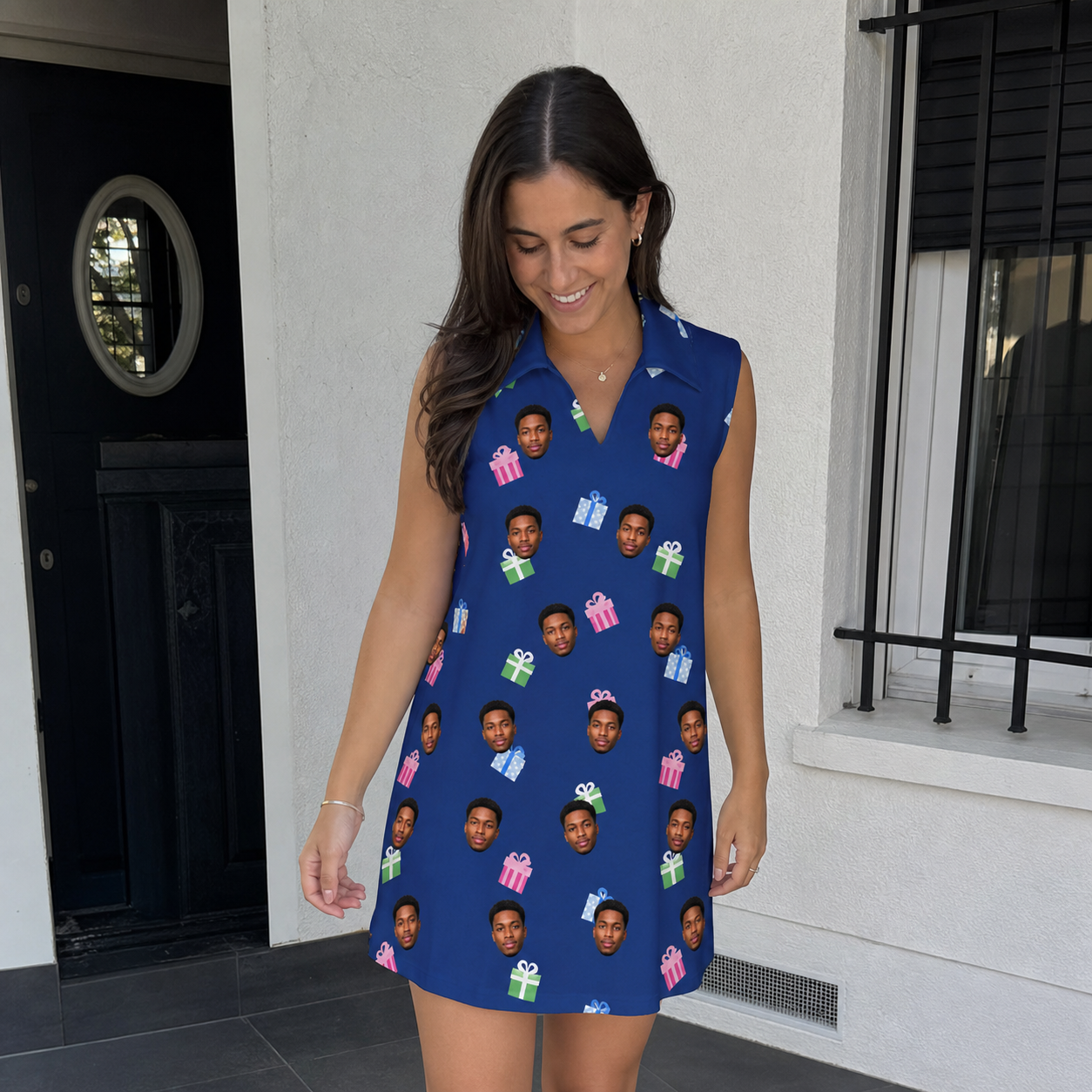 Real-life photo of someone wearing Women's Boxed Bliss Custom Face V-Neck Dress — custom faces printed all-over