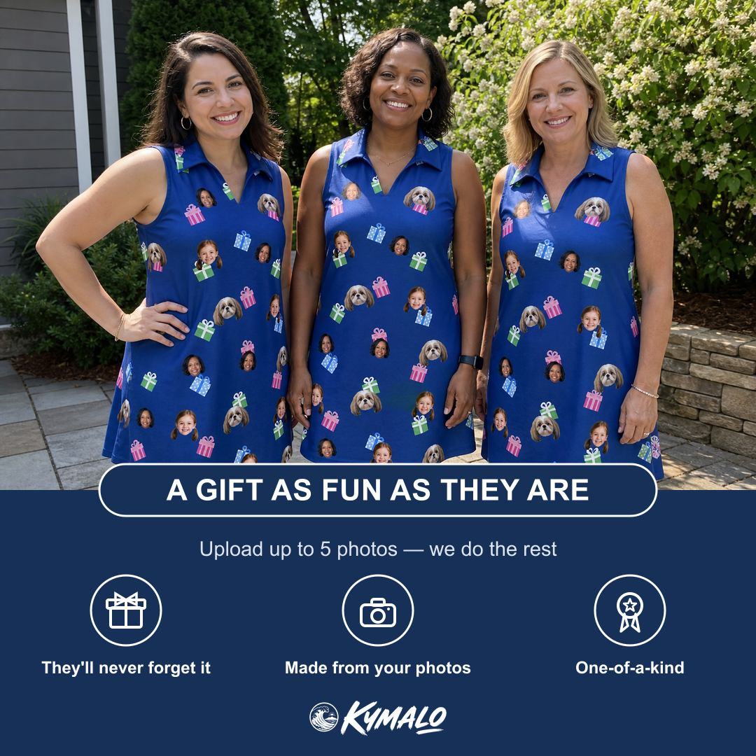 Friends in matching Women's Boxed Bliss Custom Face V-Neck Dress — a group gift photo