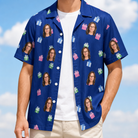 Man wearing Men's Boxed Bliss Custom Face Hawaiian Shirt open over a white tee