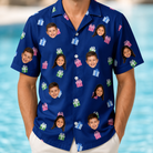 Model wearing Men's Boxed Bliss Custom Face Hawaiian Shirt printed with kids' faces
