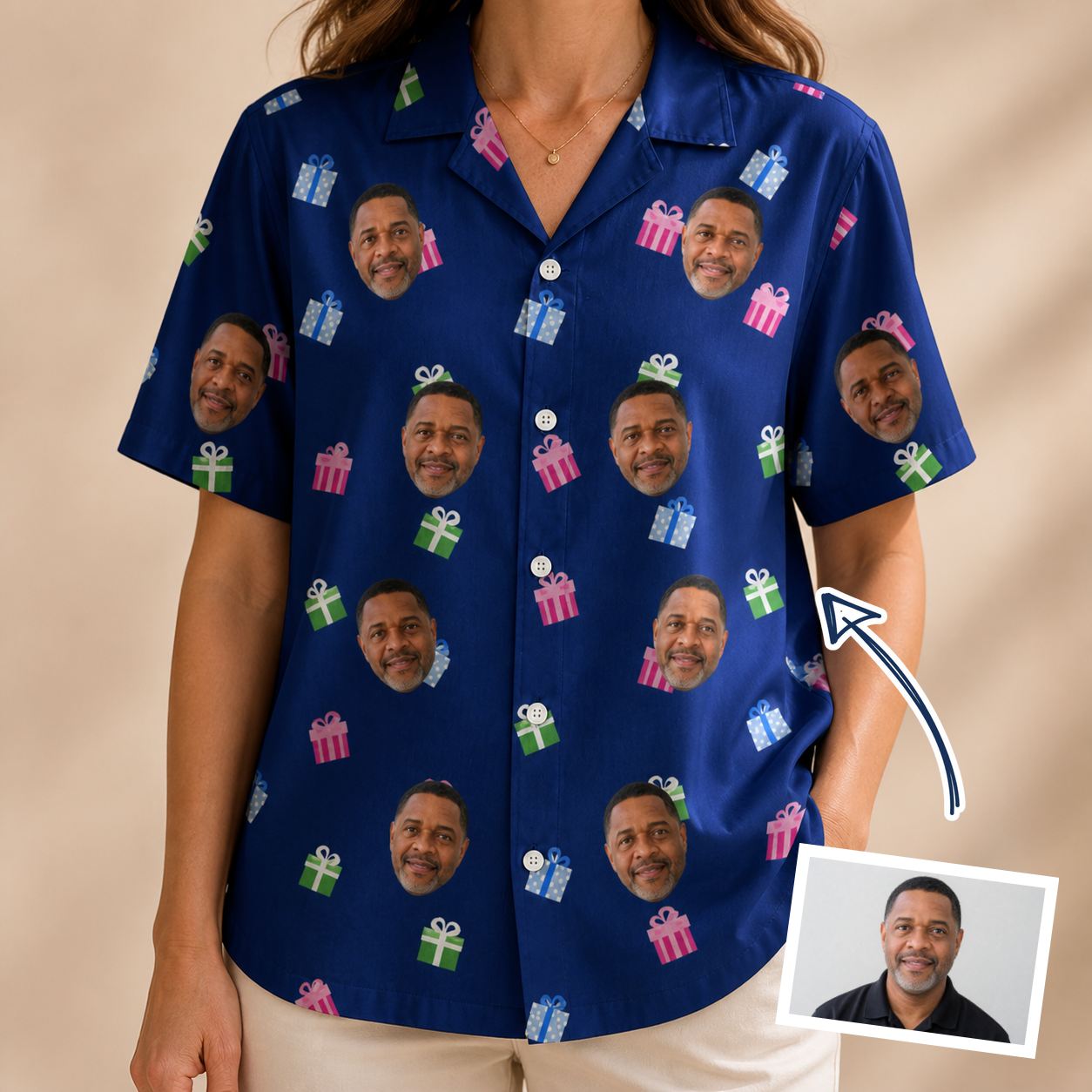 Woman wearing Women's Boxed Bliss Custom Face Hawaiian Shirt — custom faces printed all-over