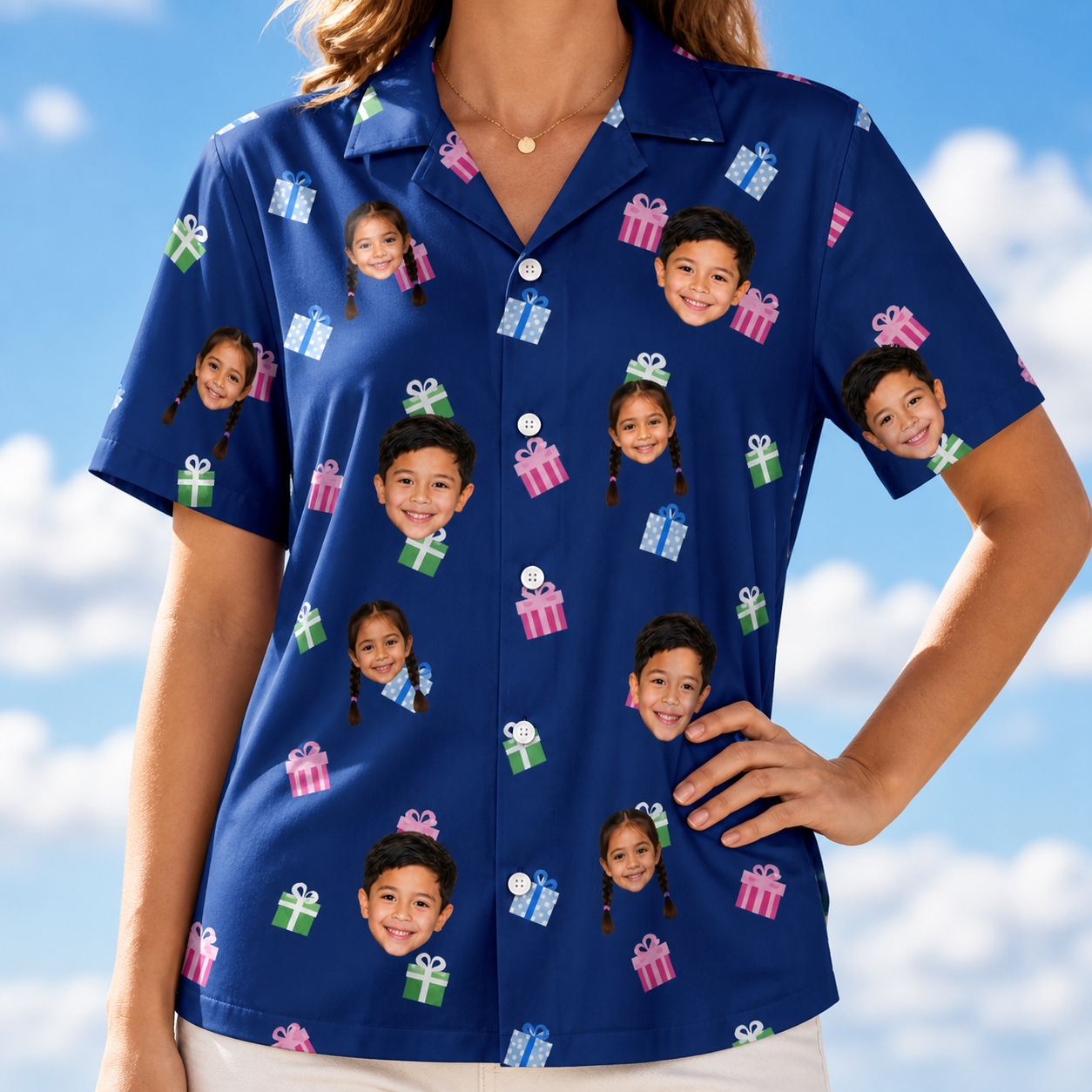 Model wearing Women's Boxed Bliss Custom Face Hawaiian Shirt printed with kids' faces