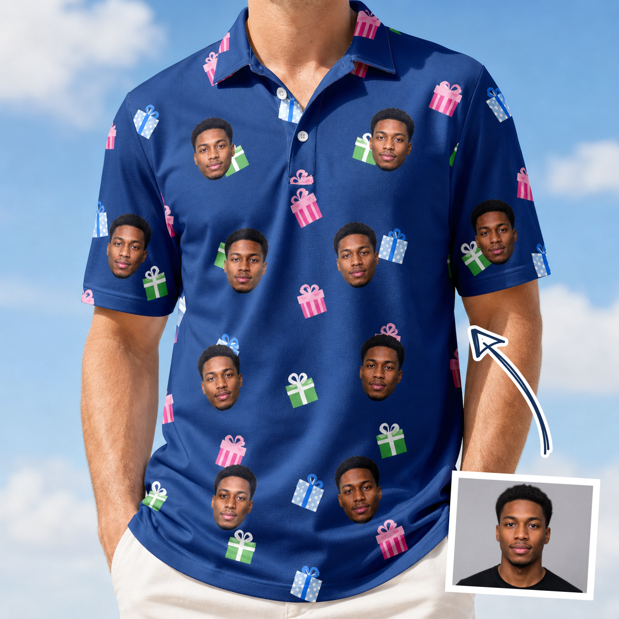 Man wearing Men's Boxed Bliss Custom Face Polo Shirt — custom faces printed all-over
