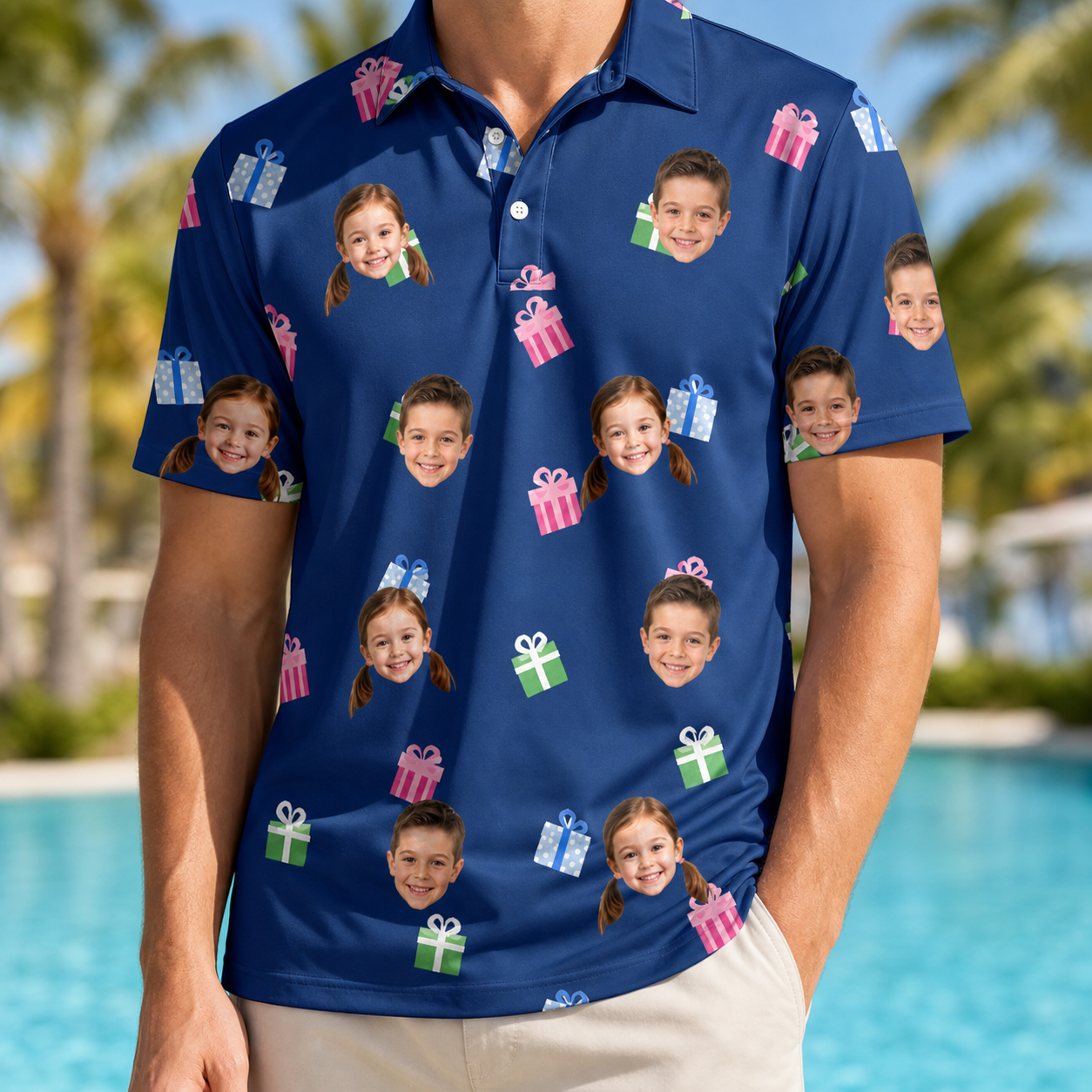 Model wearing Men's Boxed Bliss Custom Face Polo Shirt printed with kids' faces