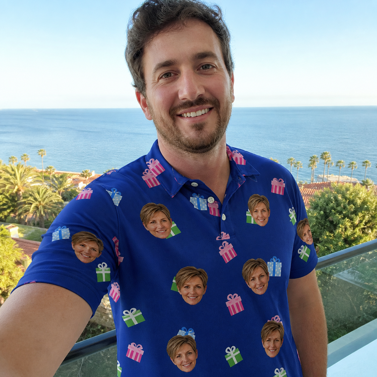 Real-life photo of someone wearing Men's Boxed Bliss Custom Face Polo Shirt — custom faces printed all-over