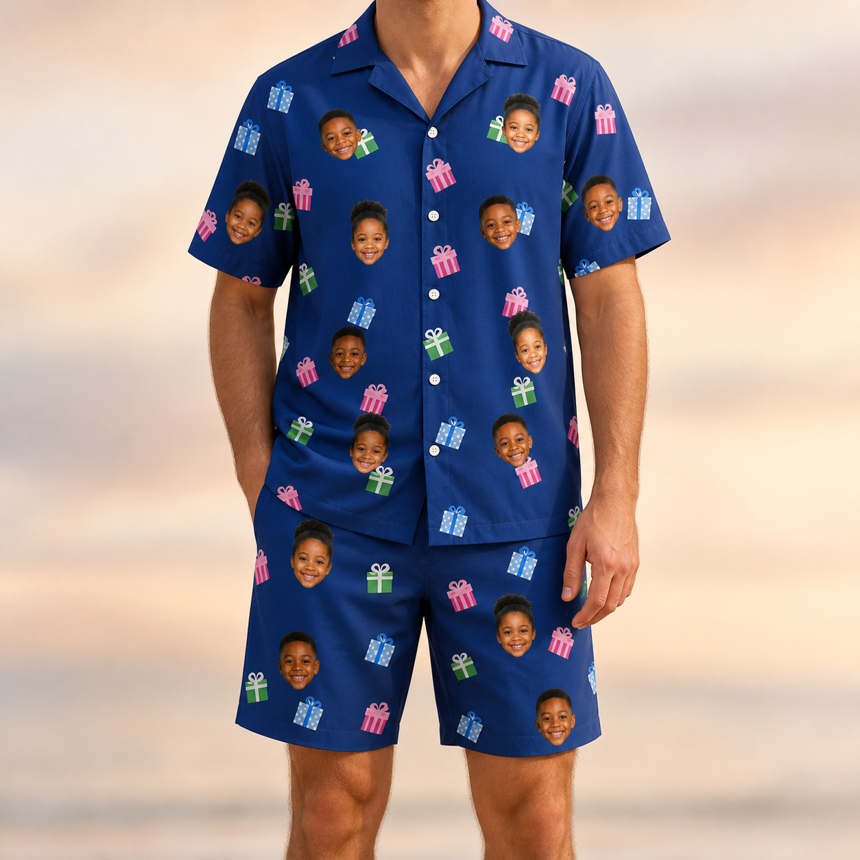 Model wearing Men's Boxed Bliss Custom Face Shirt & Shorts Set printed with kids' faces