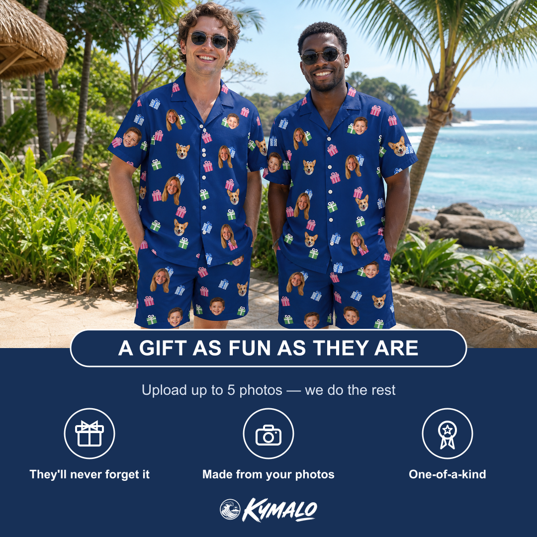 Friends in matching Men's Boxed Bliss Custom Face Shirt & Shorts Set — a group gift photo
