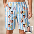 Man wearing Men's Icing Illusion Custom Face Beach Shorts — custom faces printed all-over