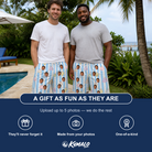 Friends in matching Men's Icing Illusion Custom Face Beach Shorts — a group gift photo