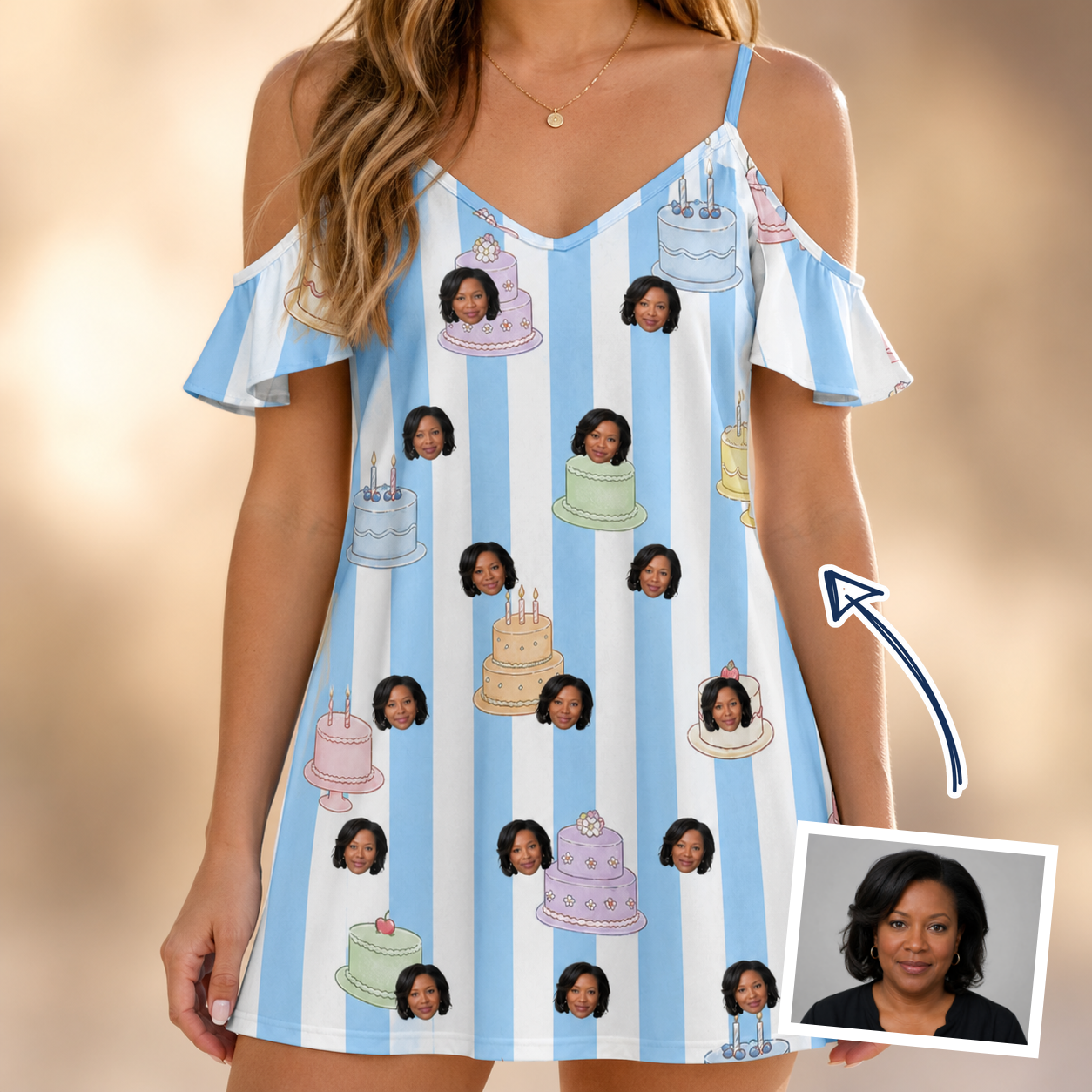 Woman wearing Women's Icing Illusion Custom Face Off-Shoulder Dress — custom faces printed all-over