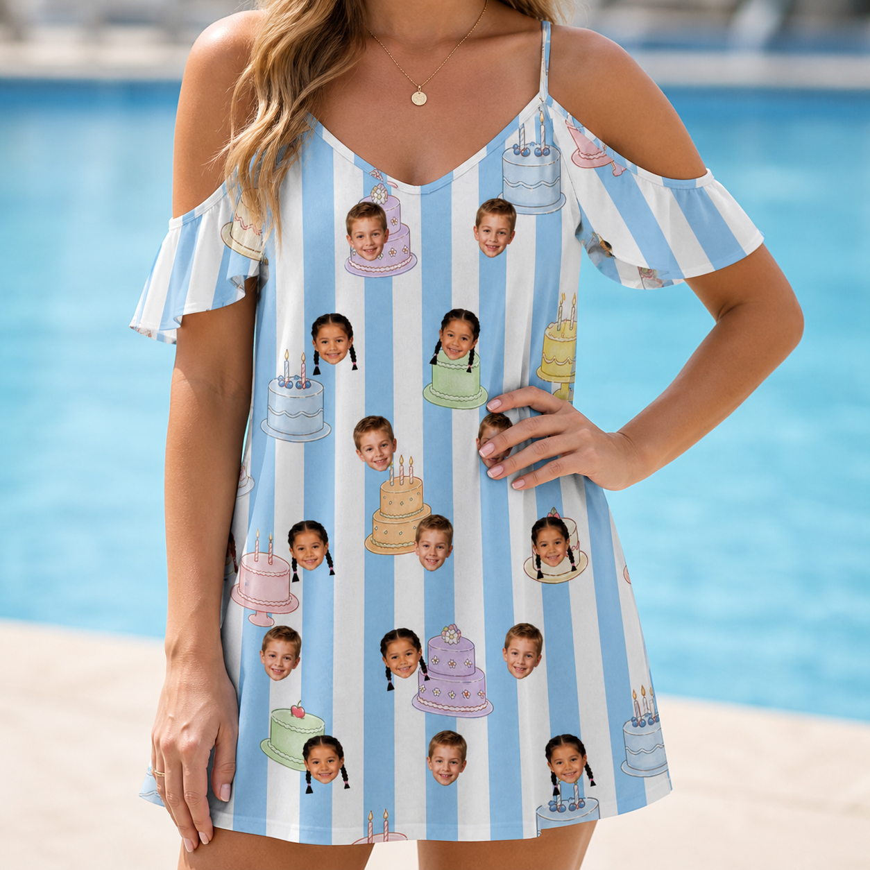 Model wearing Women's Icing Illusion Custom Face Off-Shoulder Dress printed with kids' faces