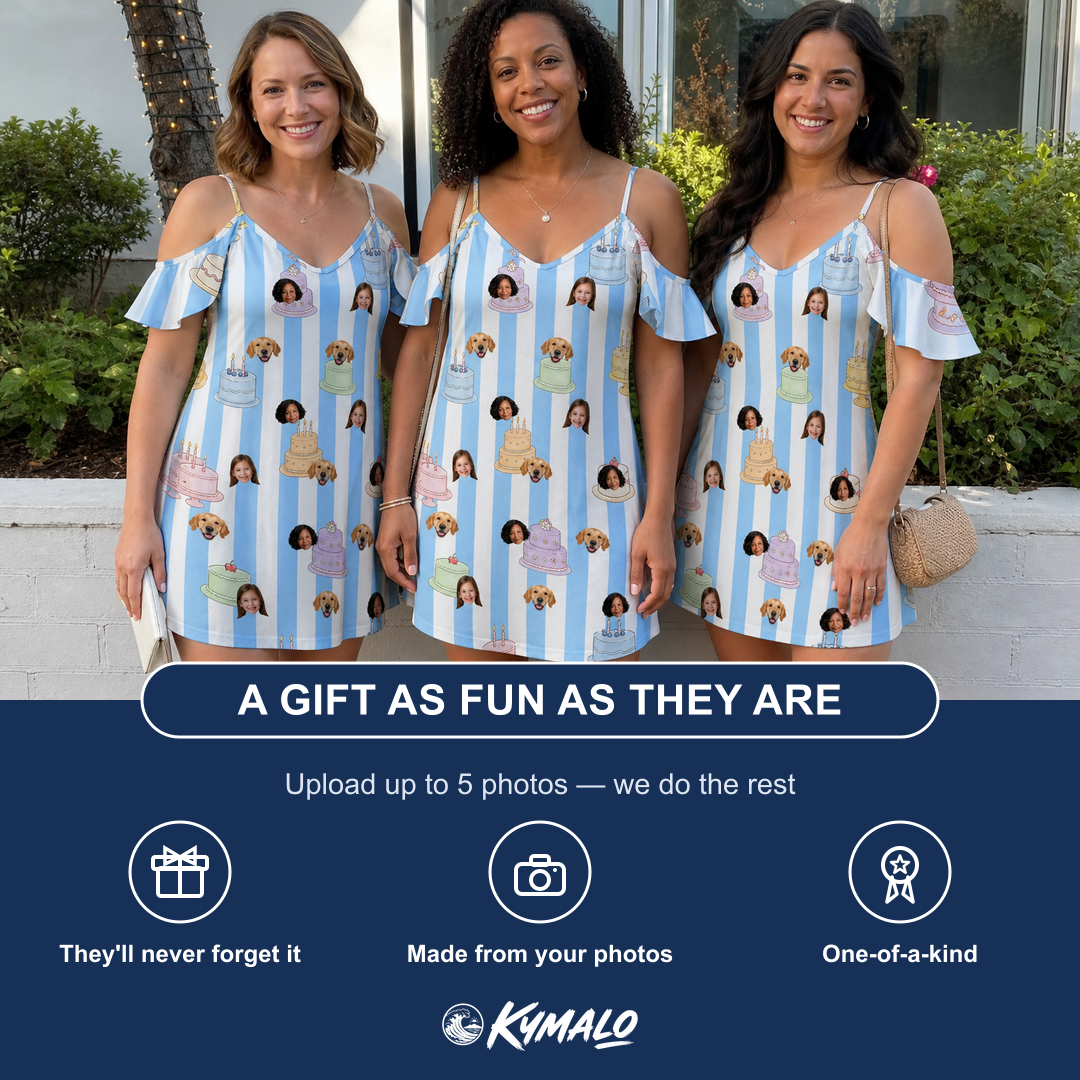 Friends in matching Women's Icing Illusion Custom Face Off-Shoulder Dress — a group gift photo