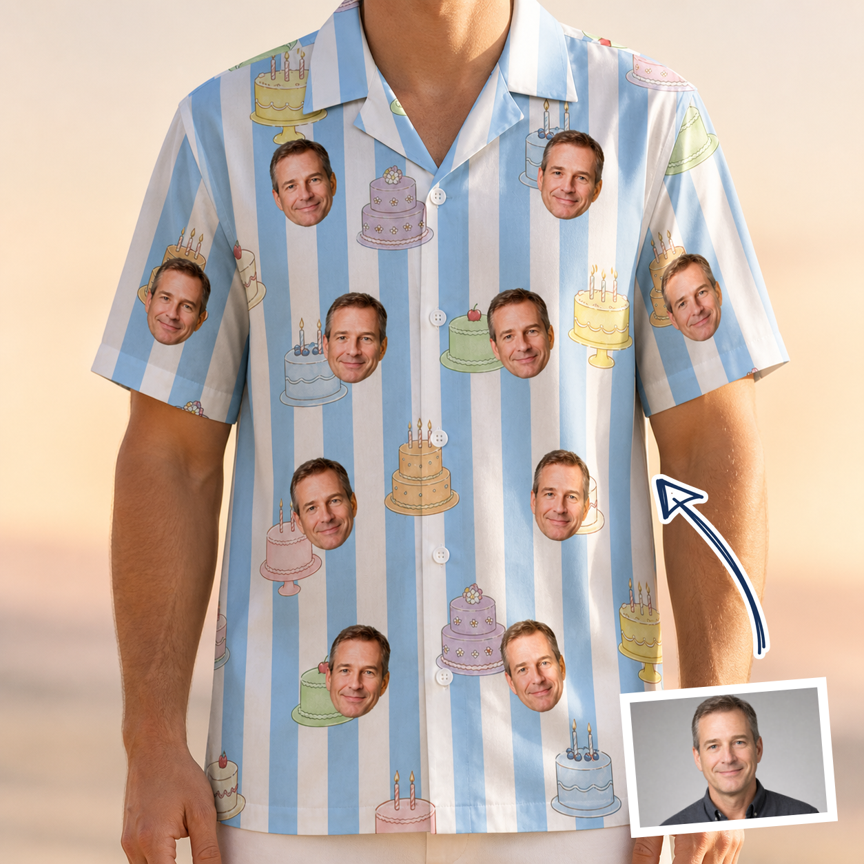 Man wearing Men's Icing Illusion Custom Face Hawaiian Shirt — custom faces printed all-over