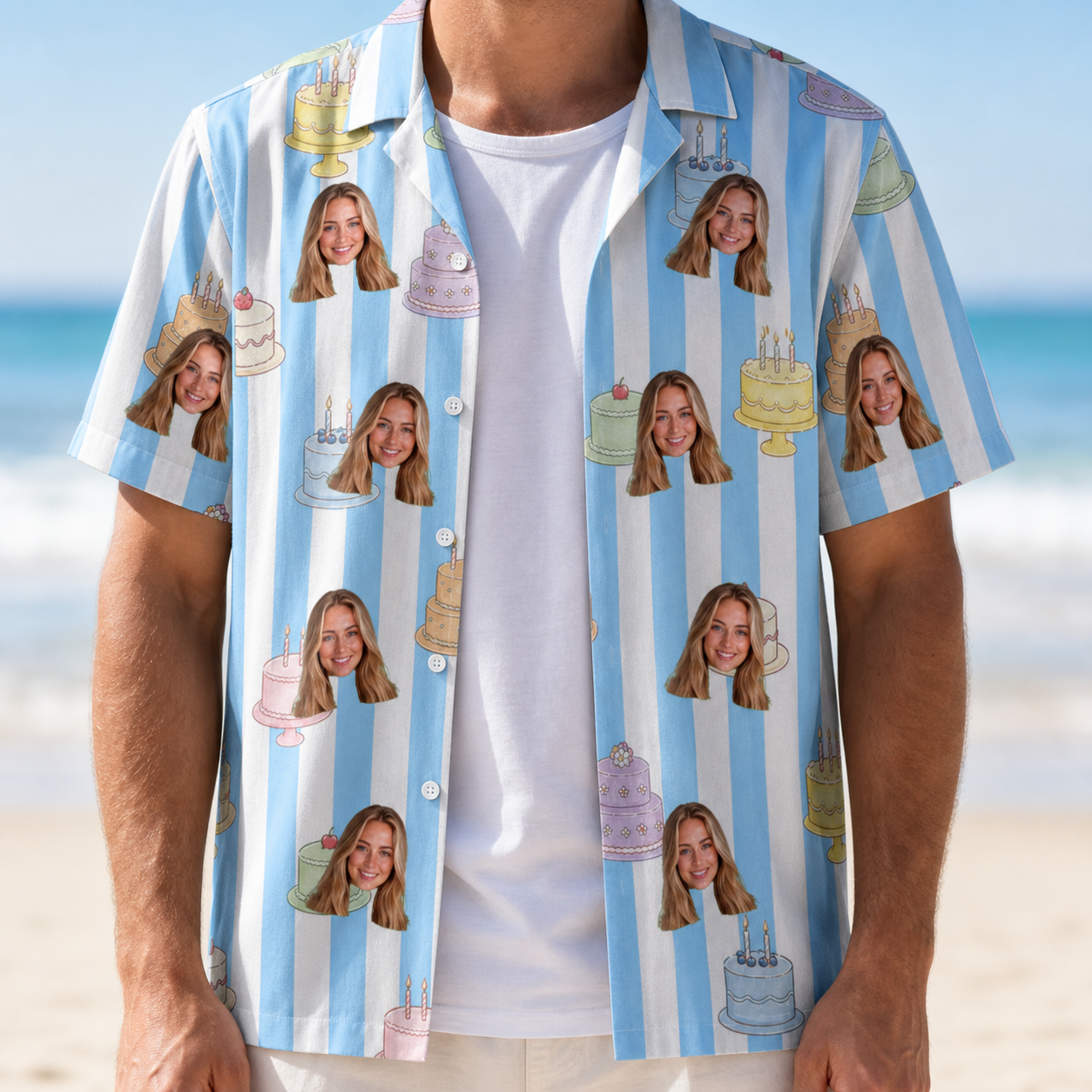 Man wearing Men's Icing Illusion Custom Face Hawaiian Shirt open over a white tee