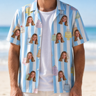 Man wearing Men's Icing Illusion Custom Face Hawaiian Shirt open over a white tee
