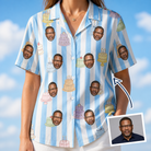 Woman wearing Women's Icing Illusion Custom Face Hawaiian Shirt — custom faces printed all-over