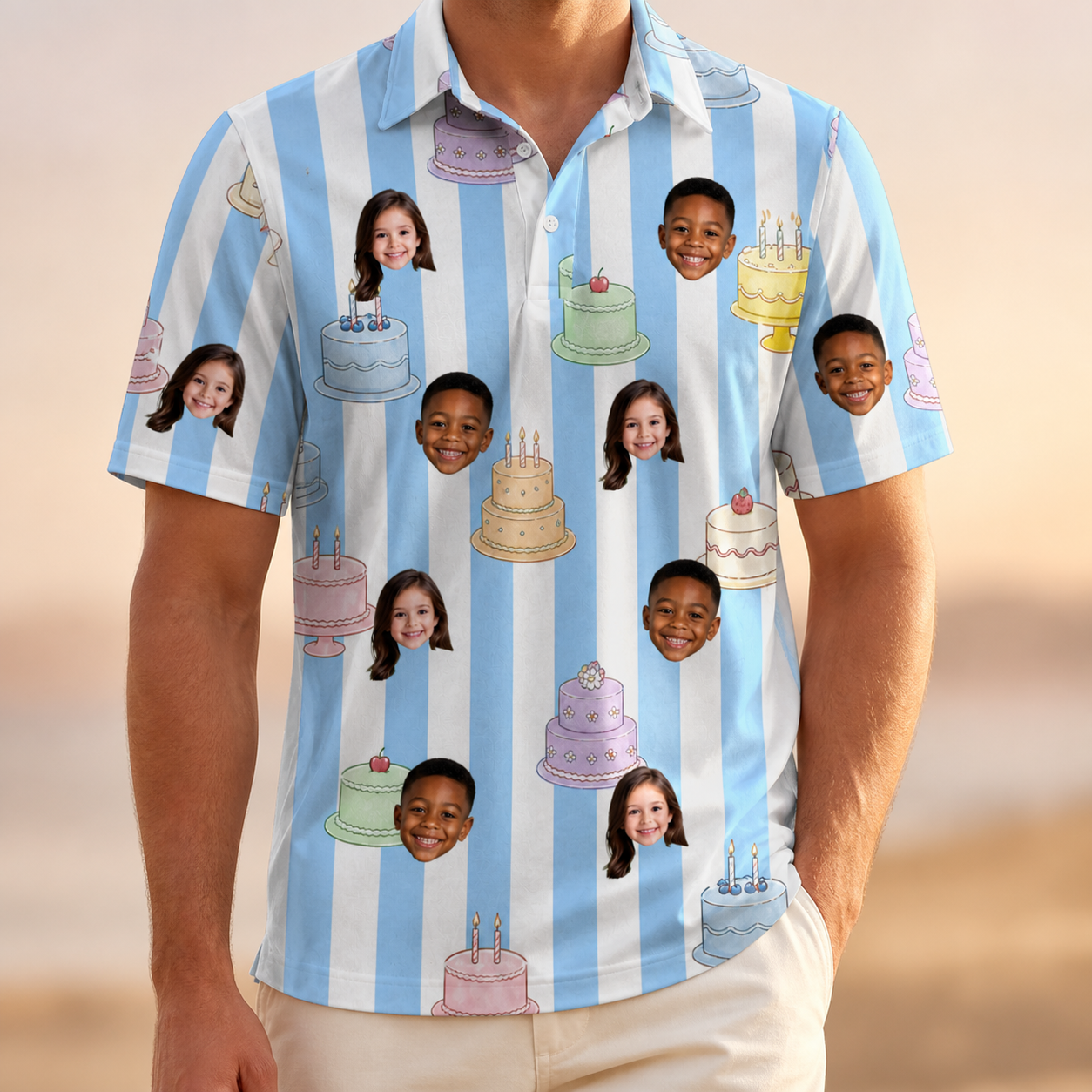 Model wearing Men's Icing Illusion Custom Face Polo Shirt printed with kids' faces