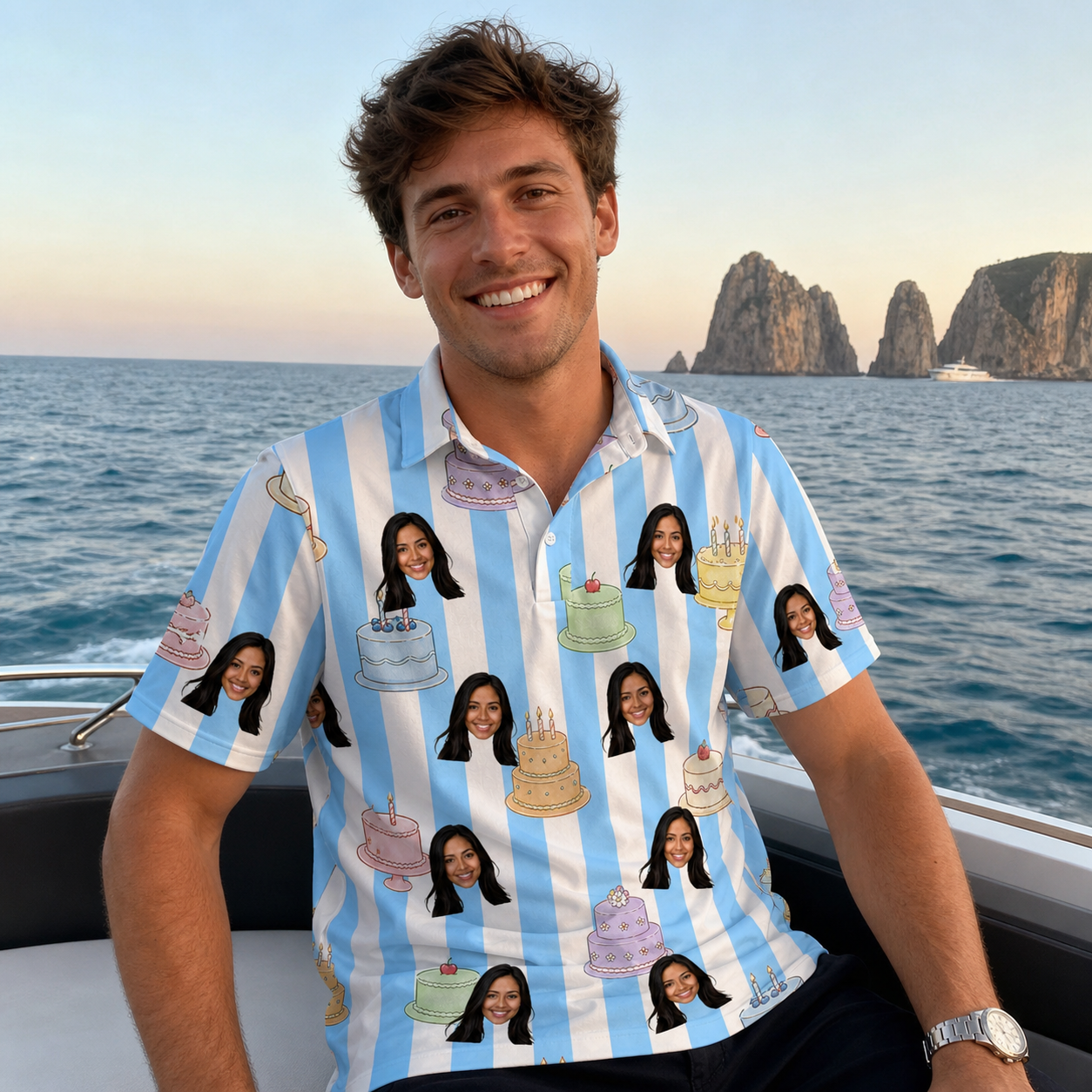Real-life photo of someone wearing Men's Icing Illusion Custom Face Polo Shirt — custom faces printed all-over