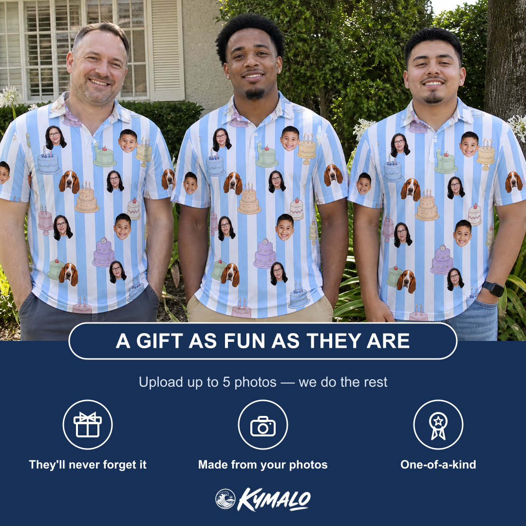 Friends in matching Men's Icing Illusion Custom Face Polo Shirt — a group gift photo