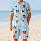 Model wearing Men's Icing Illusion Custom Face Shirt & Shorts Set printed with kids' faces